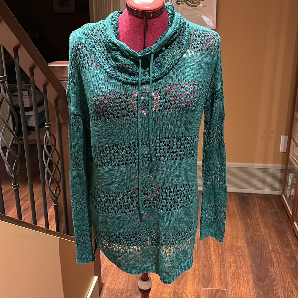 Teal Open Weave Cowl Neck Long Sleeve Sweater